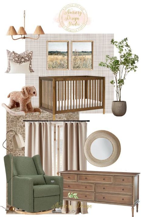 Gender neutral nursery with cream and green hues Surprise Gender Nursery, Woodsy Nursery Gender Neutral, Gender Neutral Colorful Nursery, Gender Neutral Paint Colors, Gender Neutral Nursery Paint, Transitional Nursery Ideas, Gender Neutral Green Nursery, Neutral Vintage Nursery, Vintage Nursery Ideas Neutral