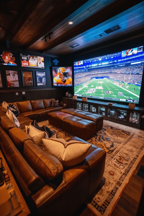 moody man cave for the football lover Dark Basement Tv Room, Great House Ideas, New Basement Design Ideas, Basement Roof Idea, Small Basement Sports Bar Ideas, Sports Bar Home Man Cave, Basement Bar Living Room, Games Room Basement, Creative Living Room Seating