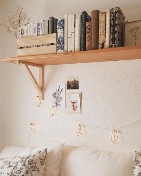 Tips + Tricks: How To Store Books Properly And Safely | Book Riot Bookshelf Above Bed, Shelf Above The Bed, Above Bed Shelf, Shelf Over Bed, Bed With Lights, Bookshelves Bedroom, Bedroom Bookshelves, Shelf Above Bed, Shelf Decor Bedroom