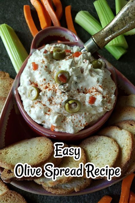 Classic Cream Cheese and Green Olives Spread - This classic creamy olive spread is delicious for tea sandwiches or use it as a tangy creamy dip for veggie sticks or with your favorite party crackers and chips. Cream Cheese Green Olive Dip, Olive And Cream Cheese Dip, Olive Dip Recipe Cream Cheeses, Cream Cheese Italian Dressing Dip, Cream Cheese And Olive Tea Sandwiches, Celery Dip Cream Cheese, Cream Cheese Olive Sandwich, Olive And Cream Cheese Spread, Olive Sandwich Spread