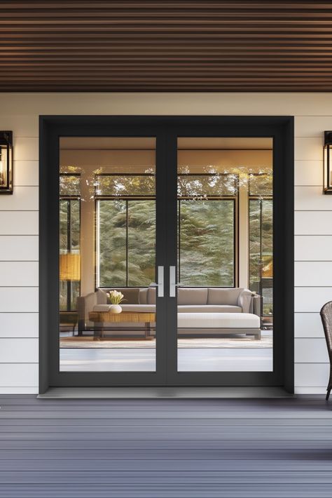 Swing into Durability and Premium Quality with Fiberglass! The MASTERGRAIN FC Collection Rail & Stile fiberglass patio door is the only fully constructed pultruded fiberglass swinging patio door made in Canada and is available to order now! Patio Front Door Entrance, Indoor Outdoor Living Doors, Modern Farmhouse Patio Doors, Back Patio French Doors, Sliding Door To Deck, Backyard Doors Ideas Patio, Black French Patio Doors, Patio French Door Ideas, Modern French Doors Exterior Patio