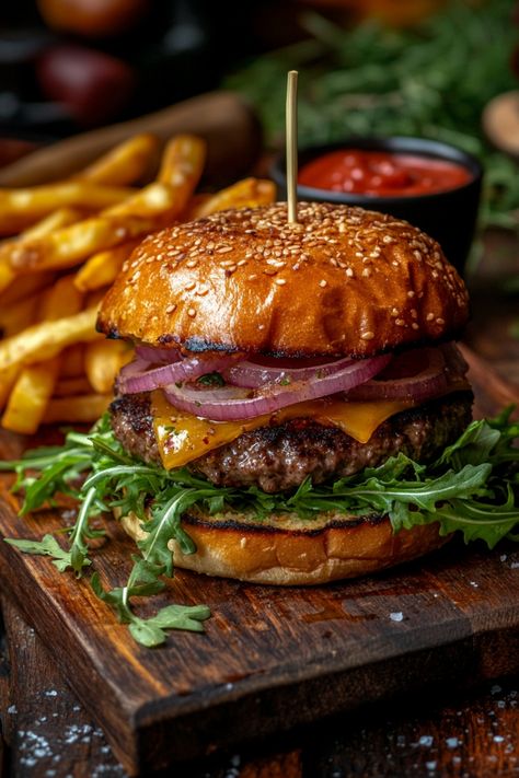 Cheeseburger with onions, arugula, and a side of fries. Burger Menu Photography, Different Hamburger Ideas, Different Cuisines, Gourmet Burgers Ideas, Burger And Fries Aesthetic, Cheeseburger Aesthetic, Burger Plating Ideas, Food Photography Burger, Luxury Burger