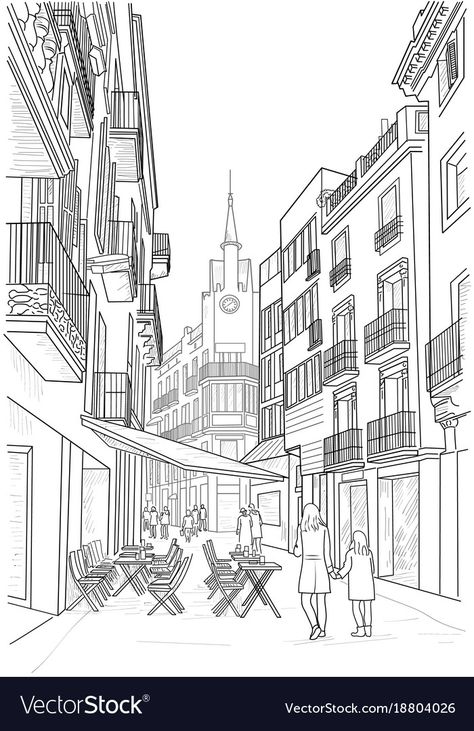 Street View Drawing, Cafe Sketch, View Drawing, Street Cafe, Branding Typography, Architecture Concept Drawings, Architecture Concept, Sitges, Fashion Art Illustration