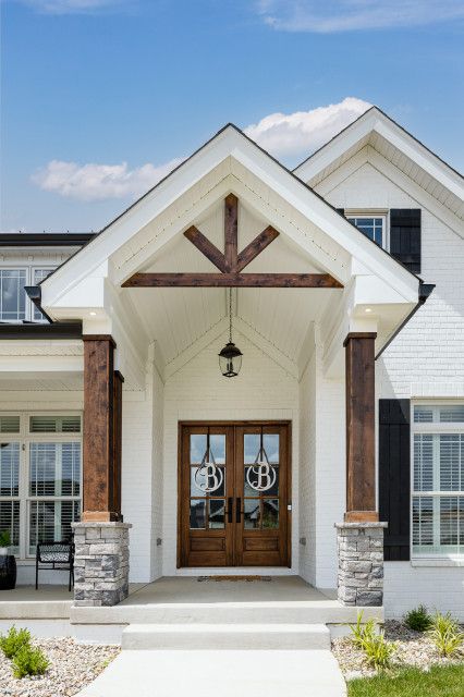 Front Porch With Wood Beams, Tall Front Porch Ideas, Front Gable Porch Entrance, Arched Entryway Exterior, Wood Gables Exterior, Dormers Ideas Exterior, Exterior Arches, Front Entryway Ideas Exterior, Gables On House Exterior