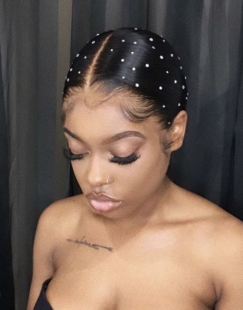 Barbie Ponytail With Diamonds, Ponytail With Pearls Black Women, Prom Hairstyles With Pearls Slick Back, Gems In Hair Black Women, Slick Back Ponytail With Gems, Hair Gems Black Women, Hair Gems Ponytail, Slick Back With Rhinestones, Bedazzled Ponytail