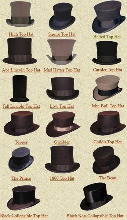 High top hat in midnight black with a velvet (either coal or deep crimson) sash would = perfection Moda Steampunk, Mode Steampunk, Steampunk Hat, Steampunk Ideas, Types Of Hats, Fashion Vocabulary, Steampunk Costume, Top Hats, Steampunk Style