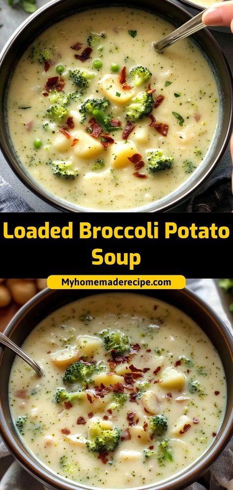 This loaded broccoli potato soup is creamy, hearty, and filled with cheese, broccoli, and tender potatoes. A comforting bowl of goodness! Ingredients: 4 potatoes, diced 2 cups broccoli florets 1 cup shredded cheese 4 cups chicken broth Serve this soup for a cozy meal that’s perfect for chilly days Cheesy Broccoli Ham Soup, Chicken Broccoli Potato Soup, Loaded Broccoli Potato Soup, Broccoli And Potato Recipes, Brocolli Potato Soup, Broccoli Mushroom Soup, Potato Broccoli Cheese Soup, Broccoli Soup Crockpot, Broccoli And Carrot Soup