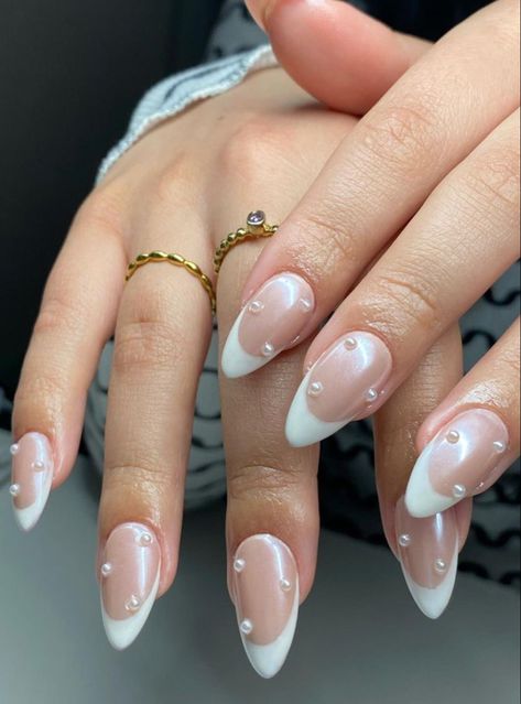 Hoco Nails, Graduation Nails, White French Tip, Her Nails, Pearl Nails, Gem Nails, White French, Short Acrylic Nails Designs, Pink Nail