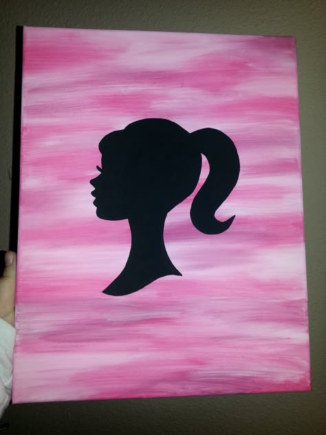 11x14 Pink Barbie Silhouette Painting $20  www.facebook.com/bellablisscreations Barbie Paintings On Canvas, Barbie Inspired Painting, Barbie Painting Easy, Barbie Watercolor Painting, Pink Black And White Canvas Painting, Barbie Aesthetic Painting, Barbie Canvas Painting Ideas, Barbie Painting Ideas On Canvas, Easy Barbie Drawing