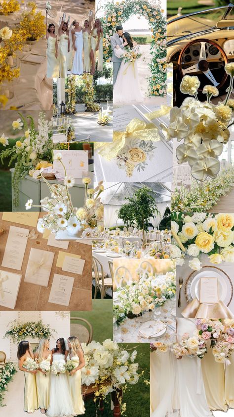 Butter yellow is the new beige for 2024 brides! Yellow Wedding Colors Schemes, Light Yellow Weddings, Pale Yellow Weddings, Yellow Wedding Colors, Pastel Wedding Theme, Yellow Wedding Theme, Wedding Collage, Pink Wedding Theme, Beige Wedding