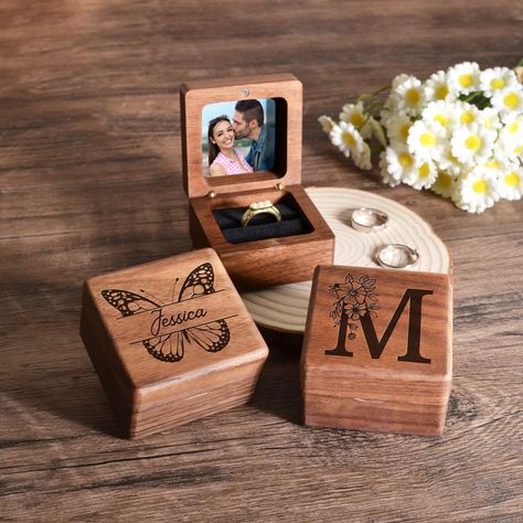 Custom Wedding Ring Box, Wood Ring Box With Photos, Engagement Ring Box, Ring Bearer Ring Box, Ring Box Holder, Proposal Ring Box by MTLOVEdesign on Etsy Wedding Ring Box Wood, Ring Box Wood, Wood Ring Box Wedding, Custom Wedding Ring, Proposal Ring Box, Wood Ring Box, Ring Bearer Box, Engagement Ring Box, Box Ring