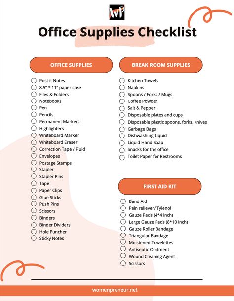 The most comprehensive office supplies checklist which has all essential items you need for your small business office supplies. Download for free! 🙃 New Office Supply Checklist, Checklist For Small Business, Basic Office Supplies List, Office Stationary List, Work Office Supplies List, Office Needs List, Office Essentials Checklist, Stationery Small Business Ideas, Home Office Checklist