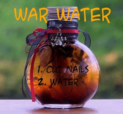 Simple recipe for War Water Use for protection, spiritual cleanser and to reverse curses and hexes to sender. Directions; In a mason jar place iron nails and add enough water to cover. Shut the jar. Leave it undisturbed until rust begins to form. To speed the process you can open the jar periodically. Add more water as needed. Keep the jar in a cool area or refrigerator. Strain the water and use as needed. (Some people add spanish moss to the process) (Encyclopedia of 5000 spells) Curses And Hexes, Hoodoo Magic, Magickal Herbs, Wiccan Crafts, Jar Spells, Protection Spiritual, Pagan Crafts, Black Magic Spells, Which Witch