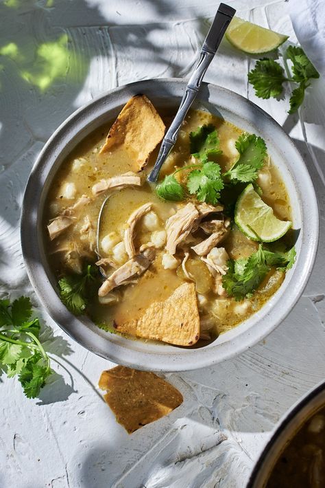 hatch chile chicken pozole. — michelle mcglinn Green Chicken Pozole, Hatch Chile Chicken, Pozole Soup, Soup Prep, Hatch Peppers, Chicken Pozole, Hatch Chiles, Fresh Tortillas, Green Chicken