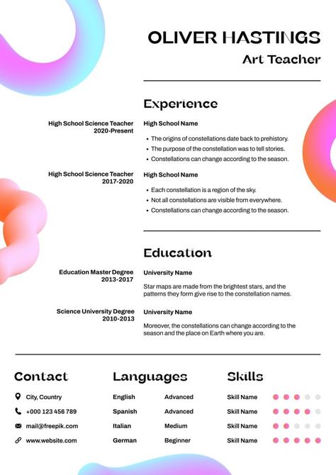 Abstract Colorful Oliver Hastings Art Teacher Resume Art Teacher Resume, Artist Resume, Menu Maker, High School Science Teacher, About Teacher, Presentation Maker, Resume Ideas, Teacher Resume Template, Invitation Maker