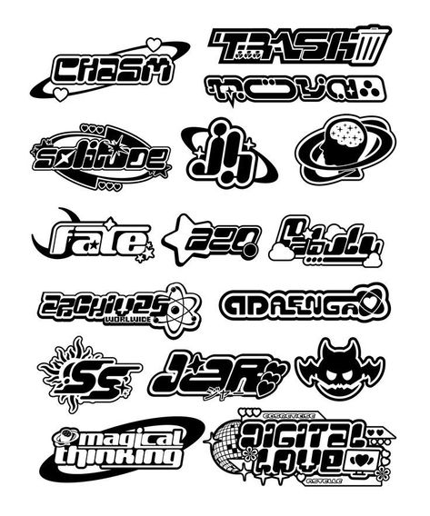 This Pin was discovered by Clàudia Ordaz. Discover (and save!) your own Pins on Pinterest Y2k Graphic Design Shirt, Logo Design Inspiration Y2k, Y2k Typography Font, Y2k Letters Alphabet, Y2k Logo Ideas, Logo Streetwear Design, Streetwear Logo Ideas, Clothing Brand Logo Ideas Graphics, Anime Font