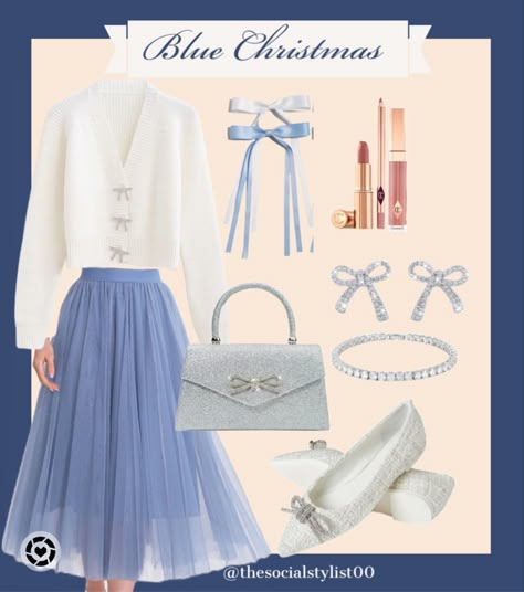 Christmas outfit, holiday outfit, holiday dress, preppy, feminine style White And Blue Christmas Outfit, Blue And White Christmas Outfit, Pastel Christmas Outfit, Blue Christmas Outfit, Christmas Outfit Classy, Office Christmas Party Outfit, Christmas Dinner Outfits, Elegant Christmas Outfit, Christmas Party Office