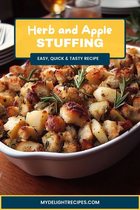 Elevate your holiday meal with this savory-sweet herb and apple stuffing! The aromatic blend of fresh herbs and tart apples creates a delicious contrast that pairs beautifully with roasted meats. Ideal for Thanksgiving or any cozy gathering! Apple Stuffing Recipes Thanksgiving, Apple Walnut Stuffing Recipes, Apple Stuffing Thanksgiving, Stuffing Recipes With Apples, Apple Stuffing Recipes, Stuffing Apple, Stuffing With Apples, Apple Stuffing, Sage Stuffing