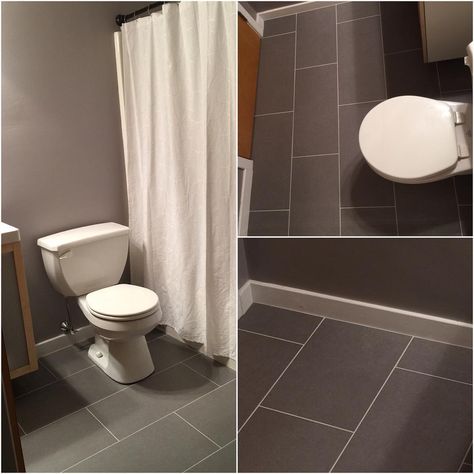 12x24 grey porcelain tile for the main bathroom. Wall color is Benjamin Moore; stormy Monday Benjamin Moore Stormy Monday, Bathroom Wall Color, Gray Porcelain Tile, Bathroom Walls, Main Bathroom, Benjamin Moore, Wall Color, Porcelain Tile, Bathroom Wall