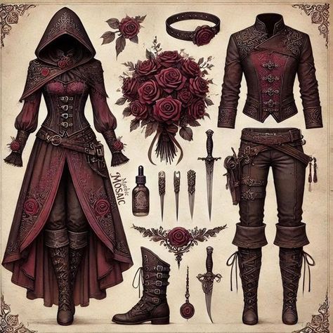 Female Rouge Outfit, Outfit Fantasy Design, Clothes Fantasy Design, Red Fantasy Outfit, Fantasy Outfits Design, Fantasy Outfits Art, Fantasy Dress Art, Fantasy Inspired Outfits, Fantasy Clothes Ideas