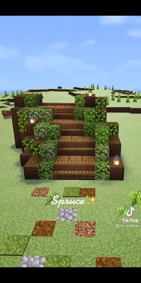 Minecraft Building Ideas Paths, Minecraft Steps Ideas, Outdoor Staircase Minecraft, Cute Minecraft Stairs Outside, Front Yard Minecraft, Canopy Minecraft, Exterior Design Minecraft, Minecraft Stair Ideas Outside, Minecraft Stone Staircase