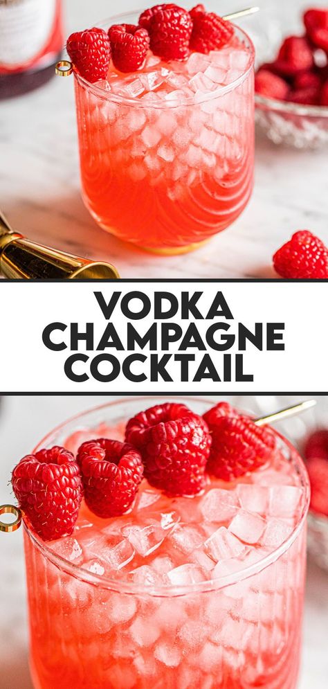 Vodka Champagne Cocktail, Raspberry Vodka Drinks, Valentines Cocktails Drink Recipes, Valentines Drinks Alcoholic, Galentines Cocktails, Easy Holiday Drinks, Recipes With Fruit Cocktail, Valentine Drinks, Valentine Cocktails