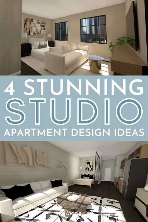 Let’s be real…studio apartments can be tricky to design and configure. It can be difficult to figure out the perfect layout and how to make if functional and beautiful for your lifestyle. We wanted to take four popular studio apartment models and design the living and bedroom spaces to show you how to make the space comfortable, cozy and 100% livable. Studio Apartment Layout Design Ideas, Apartment Floor Plans Studio, Small New York Apartment, Studio Apartment Aesthetic, Aesthetic Small Apartment, Tiny Studio Apartments Layout, New York Apartment Decor, New York Apartment Aesthetic, Apartment Divider