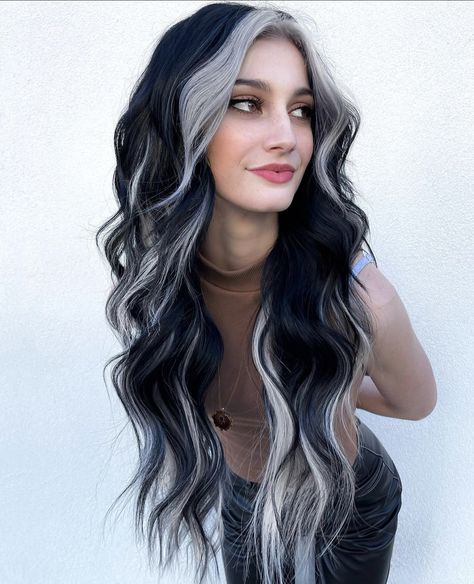 Black Hair With Blonde Pieces Underneath, Long Layered Haircuts Goth, Black And Silver Ombre Hair, Gray Hair Black Highlights, Grey And Black Hair Color, Perimeter Hair Color, Dark Grey And Black Hair, Silver Hair Tinsel Brunette, Hair Colors With Black