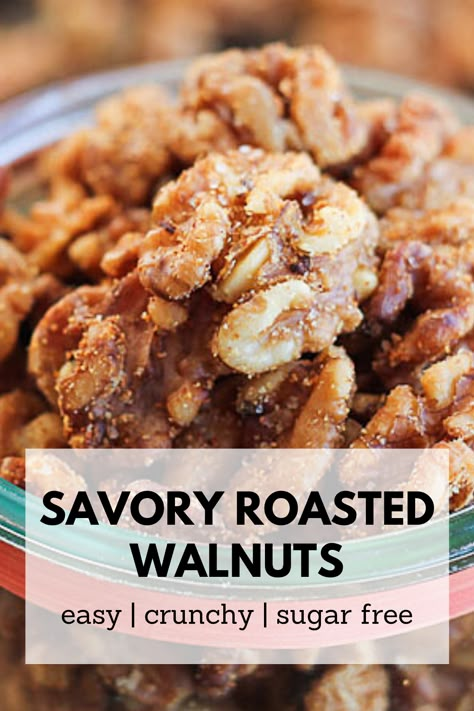 a jar of savory roasted walnuts. Toasted Walnuts Recipe Savory, Savory Walnut Snacks, Savoury Walnut Recipes, Roasting Walnuts Recipe, Savory Roasted Walnut Recipes, Savory Walnuts Recipe, Keto Seasoned Nuts Recipe, Seasoned Nuts Recipe Healthy, Baked Walnuts Recipe