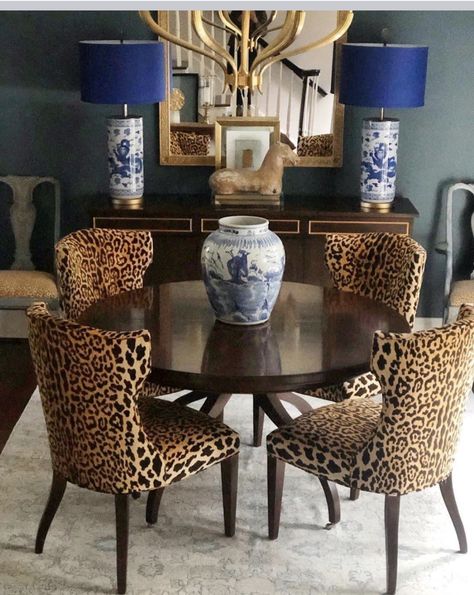 Animal Print Dining Room, Leopard Print Dining Room, Leopard Dining Chairs, Leopard Print Chairs Living Room, Leopard Print Dining Chairs, Decorating With Animal Prints, Animal Print Interior Design, Animal Print Dining Chairs, Animal Print Decor Living Room