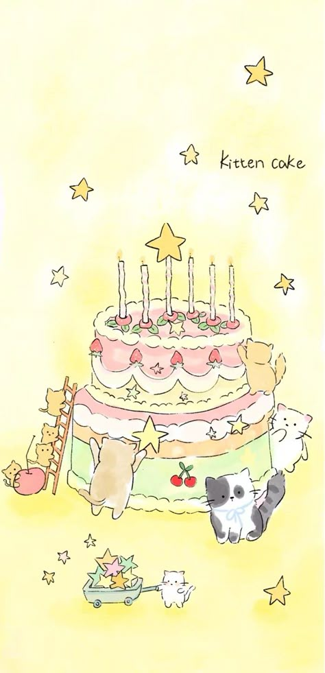 Birthday Cat Wallpaper, Birthday Themed Wallpaper, Cartoon Birthday Party Themes, Kawaii Birthday Cake Drawing, Kawaii Birthday Drawing, Cute Birthday Wallpaper Aesthetic, Kawaii Birthday Wallpaper, Birthday Background Design Landscape, Birthday Cake Illustration Drawing