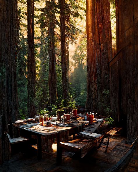 Dinner Party In The Woods, Forest Dinner Table, Camping In The Redwoods, Dinner In Forest, Dinner In The Woods, Dinner Gathering, Outdoor Dining Table, Outdoor Dining, Cabin