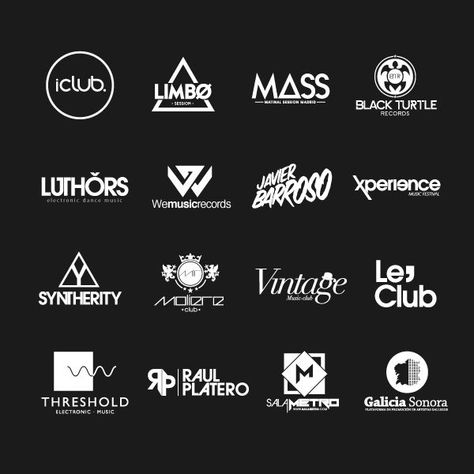 MUSIC LOGOS VOL.2 by javier gonzalez puente, via Behance  Music Club  Party | Djs  House | Electro | Dance | Comercial | Producer Dance Club Logo, Producer Logo Design, Musician Logo, Dj Logos, Music Logo Inspiration, Record Label Logo, Logo Dj, Band Logo Design, Music Logos