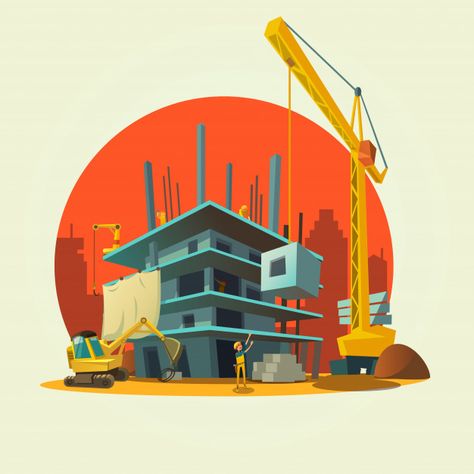 Construction concept with retro style concept workers and machines building house cartoon | Premium Vector #Freepik #vector #house #building #man #cartoon Happy Engineer's Day, Ing Civil, Engineers Day, House Cartoon, House Plans One Story, Desain Editorial, Building Illustration, House Illustration, Construction Site