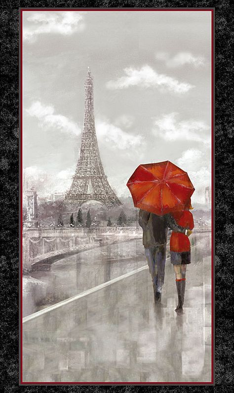 Artworks - Couple in Paris - 24" x 44" PANEL - DIGITAL PRINT - Quilt Fabrics from www.eQuilter.com Hamptons Modern, Eiffel Tower Art, Paris Couple, White Paintings, Paris Canvas, Paris Painting, Red Umbrella, Modern Couple, Paris Art