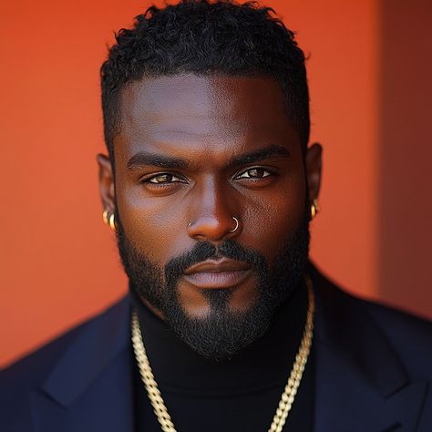 prompt : Portrait-style image featuring a man with a dark complexion and short, neatly trimmed hair. He has a well-groomed beard and mustache, and is wearing a nose ring. The subject is dressed in a dark-colored suit jacket over a black turtleneck. He is adorned with multiple gold chains, one of which has a prominent star-shaped pendant. The background is a gradient of warm tones, primarily orange and red, which creates a dramatic and intense atmosphere. The lighting is focused on the subject... Nose Piercing Men, Guys With Nose Piercings, Trimmed Hair, Nose Ring Men, Black Man Haircut Fade, Men Nose, Groomed Beard, Man Haircut, Bulbous Nose