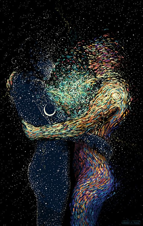 Swirling Illustrations by James R. Eads Explore Human Connections and the Natural World | Colossal James R Eads, Soulmates Art, Twin Flame Art, Soulmate Connection, Sensory Art, Flame Art, Couple Painting, Spiritual Love, Divine Connections