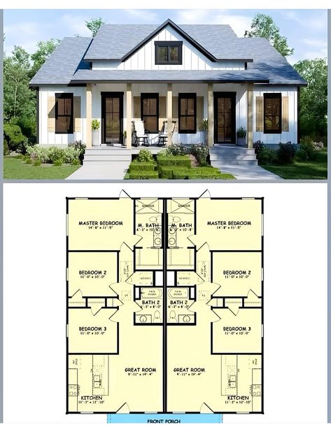 Modern Farmhouse Living, Duplex House Plans, Duplex House, Contemporary Farmhouse, Happy House, Modern Farmhouse Plans, Unique Lifestyle, Bedroom House Plans, Farmhouse Charm