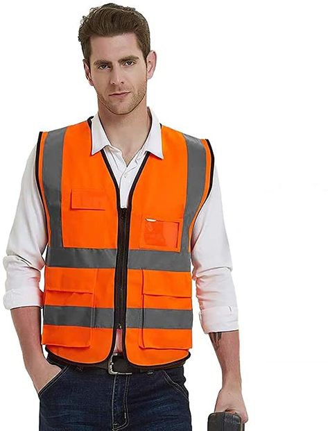 Reflective Orange Safety Vest with 5 Pockets High Visibility Vest ANSI Class 2 for Men Women Child Walking Surveyor - - Amazon.com Construction Reference, Construction Vest, Construction Safety, Scrubs Outfit, Vest For Men, Safety Vest, Vest Designs, Jackets Women, Workwear Fashion