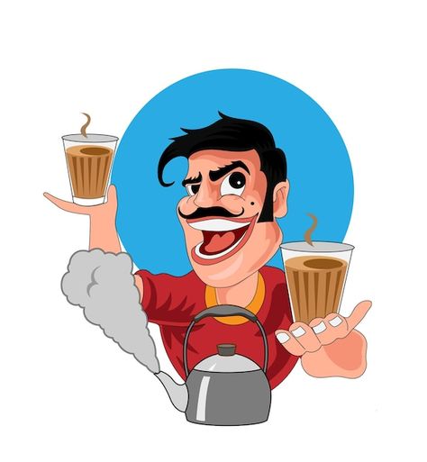 Cartoon man holding a glass of tea and a cup of tea Chai wala Chai Wala Logo, Tea Vector Illustrations, Chai Cartoon, Tea Art Illustration, Chai Illustration, Chai Logo, Foodie Cartoon, Chai Cup Images, Tea Shop Logo