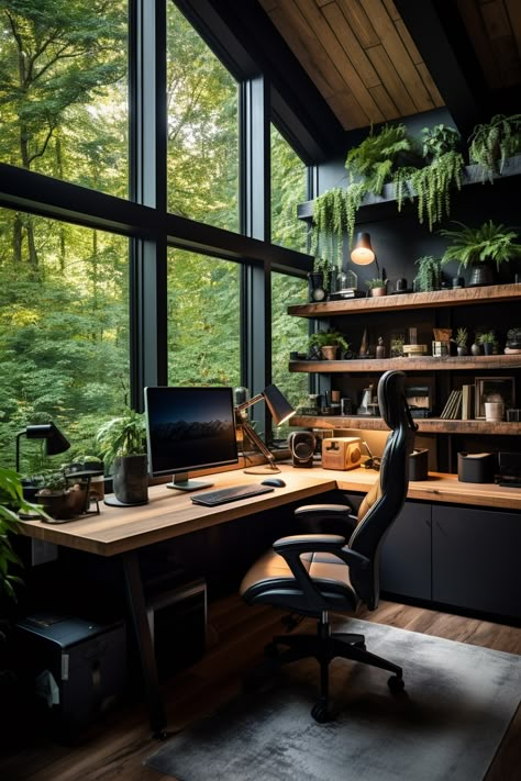 Office In The Woods, Rustic Office Desk Ideas, Nature Home Office, Woodsy Office Decor, Bedroom Ideas For Gamers, Rustic Office Ideas, Rustic Home Office, Modern Home Offices, Lots Of Plants