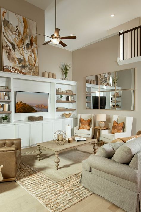 Tv Built In Wall Unit High Ceiling, Tv Wall Design For High Ceiling, Built In On Vaulted Wall, Tv Unit High Ceiling, Tv Wall Decor Tall Ceilings, Living Room With Weird Angles, Large Wall Decor Living Room Vaulted Ceilings, Built In Shelves 2 Story Living Room, Tv Built In Wall Unit Tall Ceiling