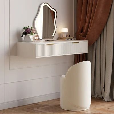 Modern White Floating Makeup Vanity Set with Drawers Dressing Table with Stool & Mirror Floating Bedroom Vanity, Fluted Dressing Table, Small Room With Vanity, Floating Vanity Bedroom, Floating Vanity Makeup, Small Vanity Ideas, Simple Dressing Table Designs, Minimal Vanity, Small Makeup Vanity