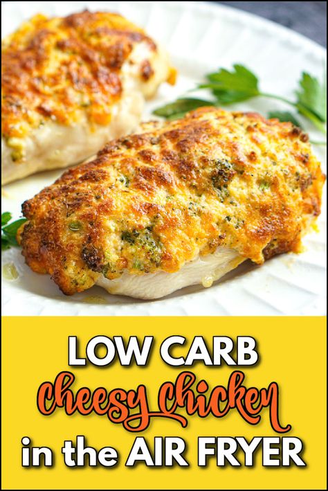 This keto cheesy chicken breast made in the air fryer is delicious dinner for busy weeknights. The juicy pieces of chicken is topped with a luscious cream cheese topping and with bits of broccoli and is full of flavor. This is a deliciously easy dinner and each piece has just 3.2 grams net carbs and 30.7 grams protein. Keto Chicken In Air Fryer, Keto Fried Chicken Air Fryer, Cheesy Chicken Bake Keto, Air Fryer Low Carb Chicken Tenders, Cream Cheese Spinach Stuffed Chicken Air Fryer, Air Fryer Chicken Breasts, Cheesy Chicken Recipe, Fried Steak Recipes, High Protein Dinner