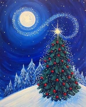 Folkart Christmas Painting, Christmas Paint Step By Step, Diy Christmas Acrylic Painting, Christmas Paintings Ideas On Canvas, Painted Christmas Tree Ideas, Christmas Canvas Ideas Diy, Simple Paint Night Ideas, Winter Wonderland Painting Ideas, Holiday Paint Party Ideas