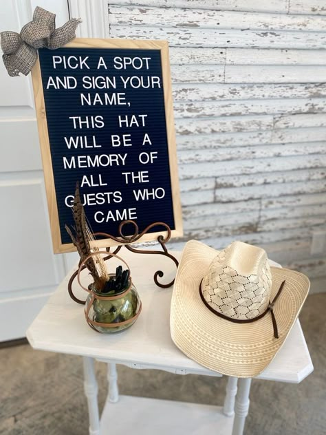 Cowboy Hat Guest Book Sign, Western Open House Theme, Rodeo Theme Birthday Party Games, Western Fall Baby Shower Ideas, Cowboy Or Cowgirl Gender Reveal Decorations, Western Gender Reveal Themes, Cowboy Hat Guest Book, Rustic Cowboy Baby Shower Ideas, Western Chic Baby Shower Ideas