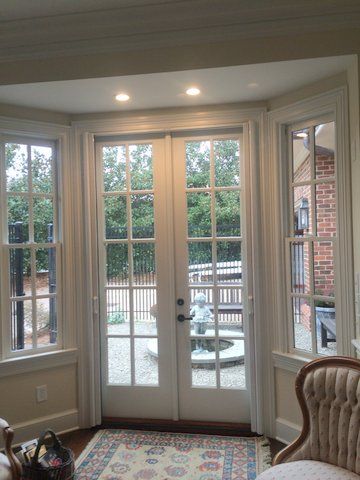 Narrow French Doors To Deck, Bay Windows With French Doors, Bay Window Into French Doors, Bay Window With French Doors, French Doors In Bay Window, Bay Window To French Doors, French Doors Bay Window, Bay Doors Kitchen, Convert Bay Window To French Doors