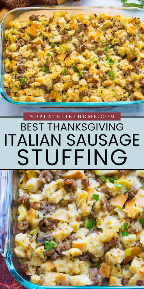 Make the Best Thanksgiving Italian Sausage Stuffing for your Thanksgiving turkey! This homemade stuffing recipe is made with ground Italian sausage, fresh herbs, and homemade bread cubes. It's an easy Thanksgiving dinner menu idea! Sausage Bacon Stuffing Thanksgiving, Thanksgiving Stuffing With Sausage And Mushrooms, Stuffing Italian Sausage, Stuffing Recipes With Eggs, Italian Turkey Stuffing Recipes, Italian Rice Stuffing Thanksgiving, Italian Stuffing For Thanksgiving, Sausage Stuffing Balls Thanksgiving, Thanksgiving Stuffing Sausage