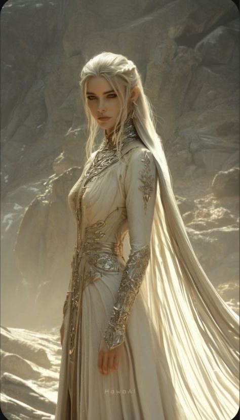 Elven Dress Drawing, White Dress Fantasy Art, Fantasy Dresses Aesthetic, Outfit Fantasy Design, Goddess Character Art, Fantasy White Dress, Fantasy Dress Goddesses, Fantasy Fashion Aesthetic, Elven Warrior Female