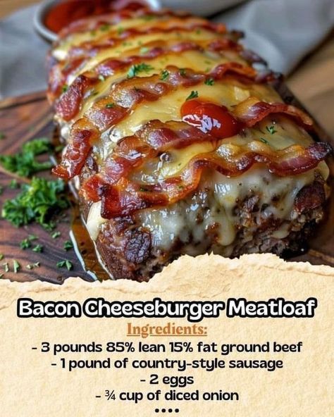 Jamie Oliver Family | Bacon Cheeseburger Meatloaf | Facebook Cheeseburger Meatloaf Recipes, Bacon Cheeseburger Meatloaf, Cheeseburger Meatloaf, Bacon Meatloaf, Cheese Stuffed Meatloaf, Meatloaf Casserole, Meatloaf Ingredients, Good Meatloaf Recipe, Best Meatloaf